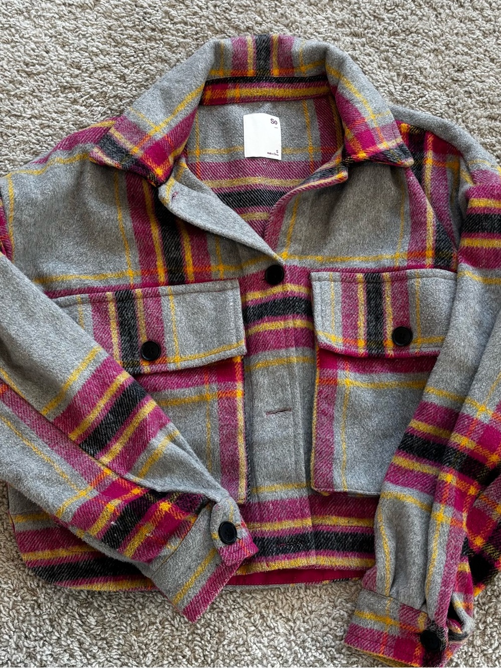 Cropped Gray & Magenta Plaid Button Front Shacket